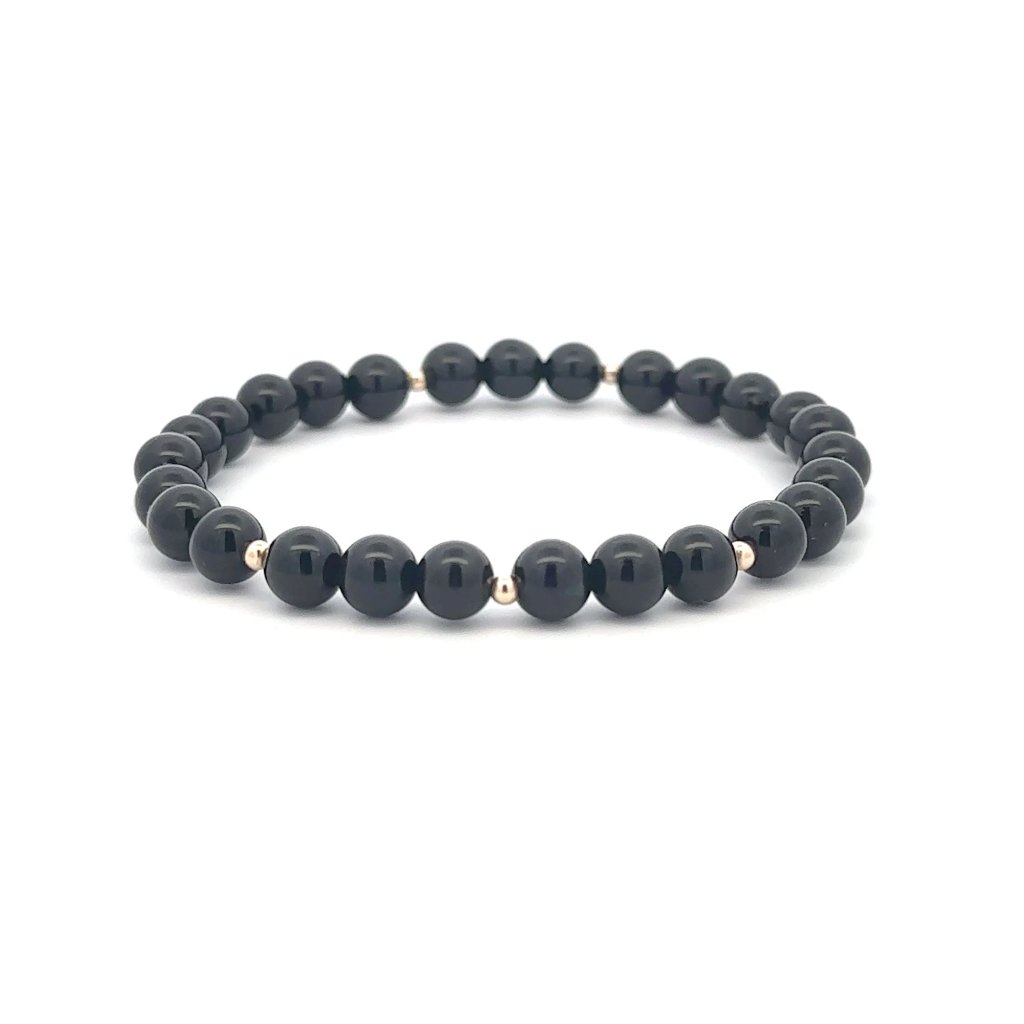 Onyx Gemstone Beaded Stretch Bracelet With 14k Gold Accent Beads Handmade 96$